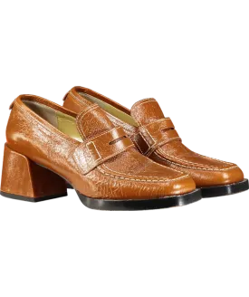 labucq Brown Kitty Tan Patent Heeled Loafers UK 6 EU 39 👠