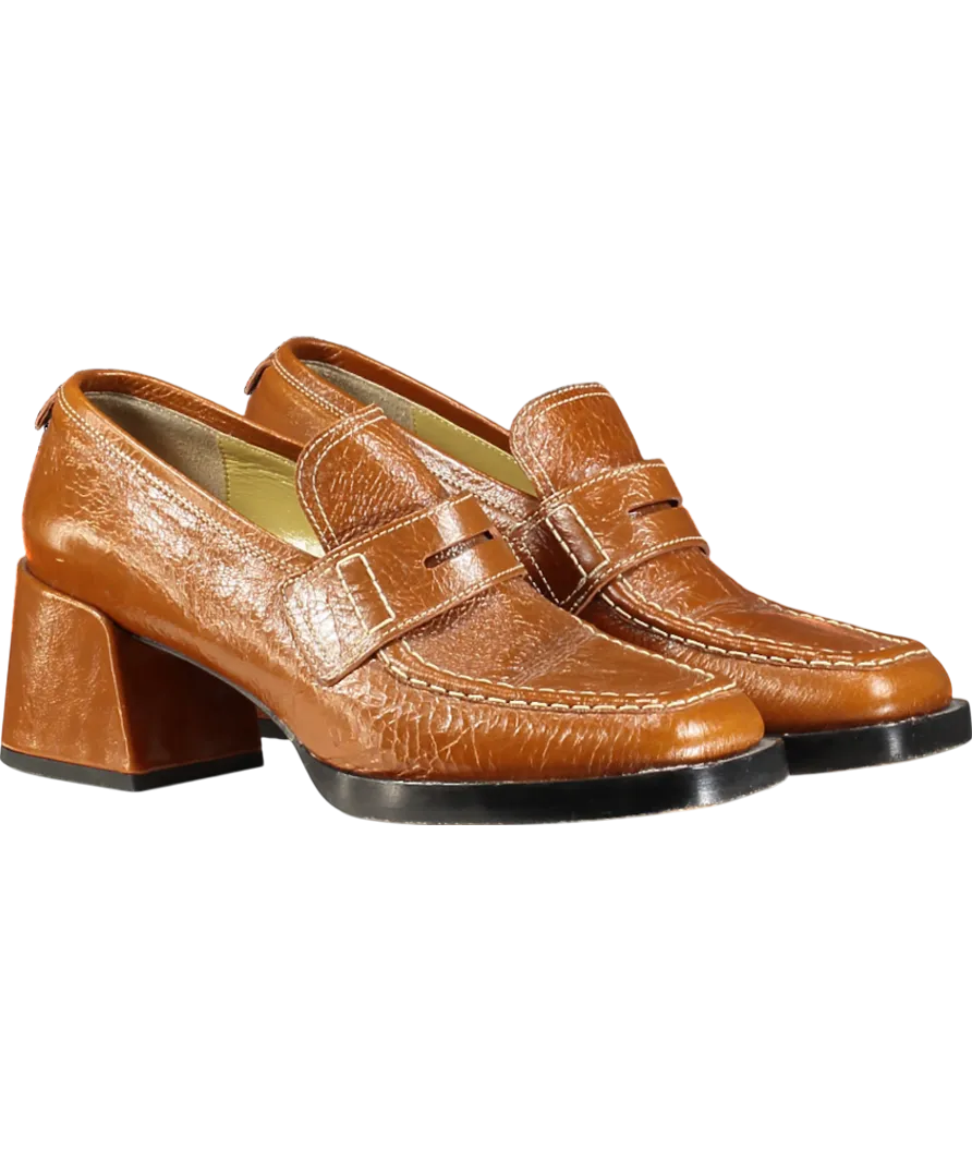 labucq Brown Kitty Tan Patent Heeled Loafers UK 6 EU 39 👠