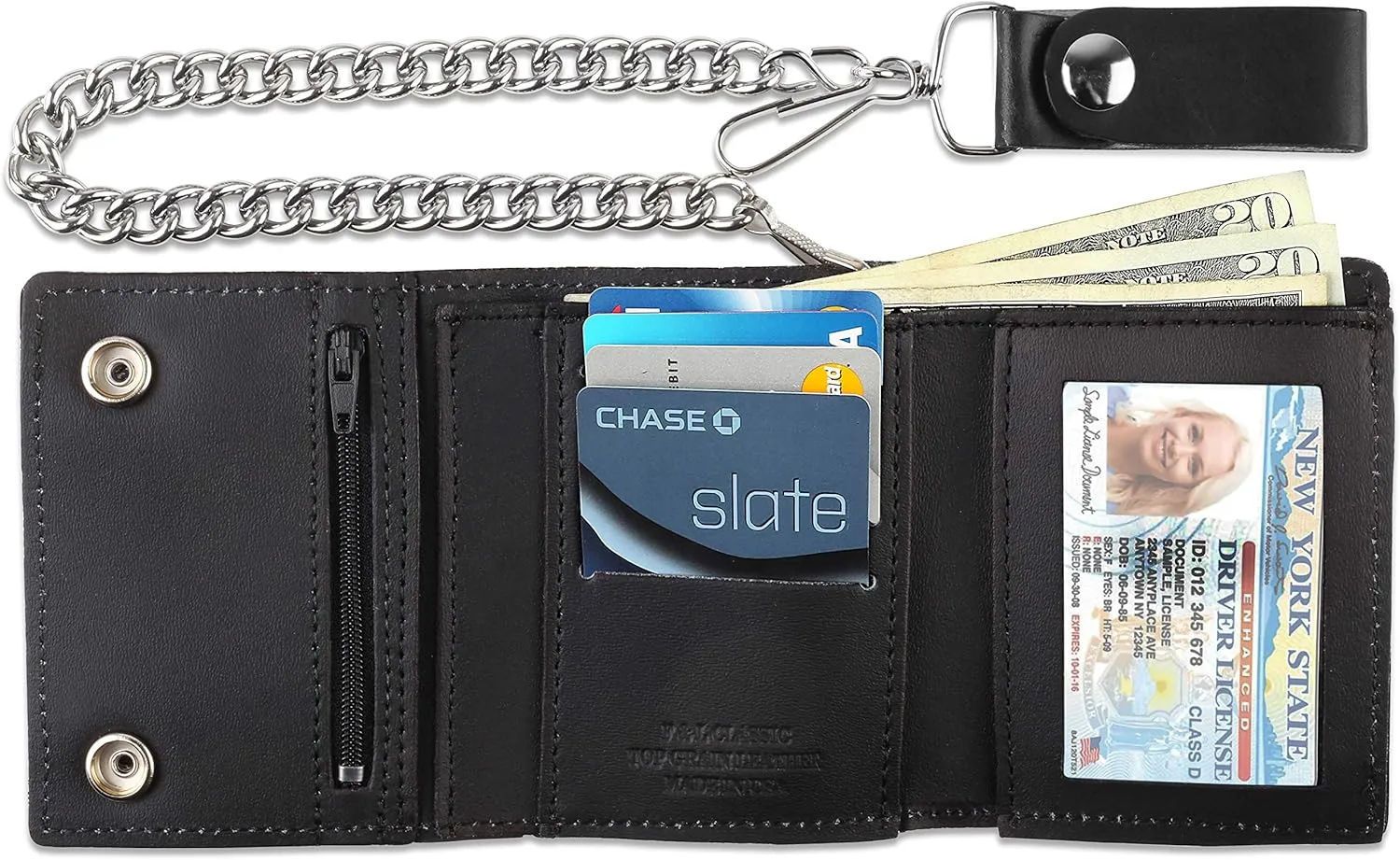 RFID Blocking Men's Tri-fold Vintage Biker Cowhide Leather Steel Chain Wallet,Snap closure, Made In USA,tc315-42 eagle,black