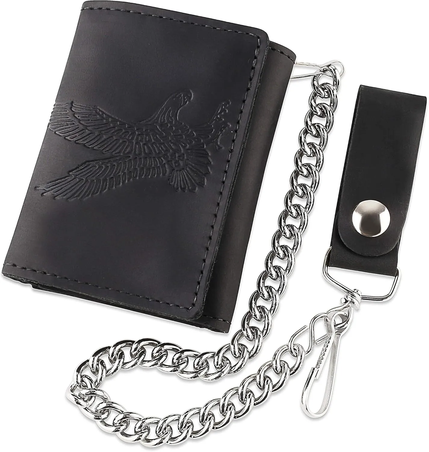 RFID Blocking Men's Tri-fold Vintage Biker Cowhide Leather Steel Chain Wallet,Snap closure, Made In USA,tc315-42 eagle,black