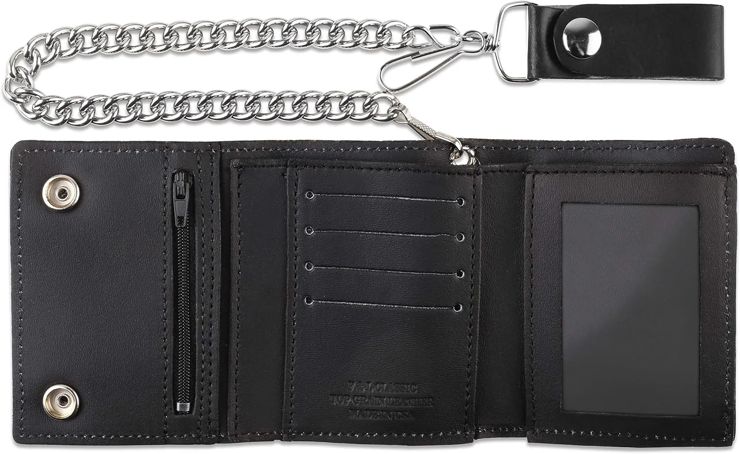 RFID Blocking Men's Tri-fold Vintage Biker Cowhide Leather Steel Chain Wallet,Snap closure, Made In USA,tc315-42 eagle,black