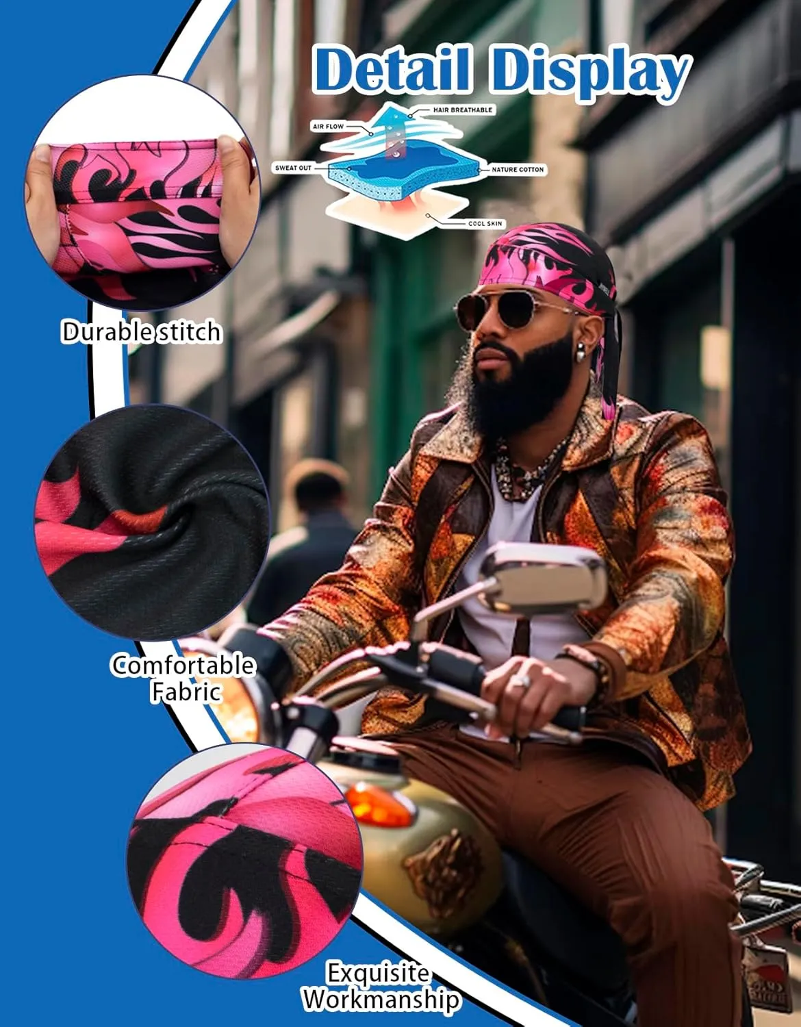 Sweat Wicking Doo Rag Cooling Dew Rag Helmet Liner Large Motorcycle Do Rags Head Wrap Bandana Skull Caps for Men and Women